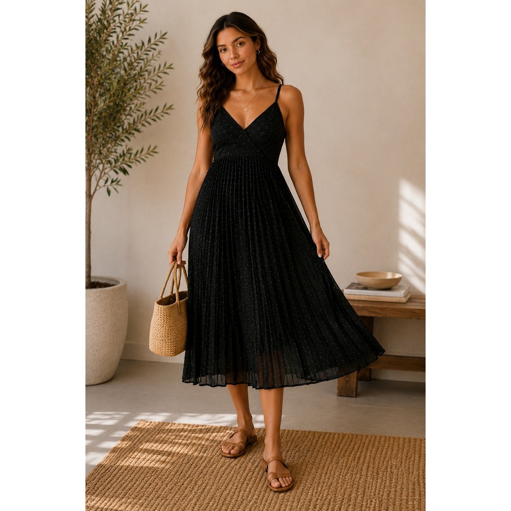 Uniqlo :C Pleated Minimalist Dress‎ Black Green Polka Dot Midi 466757 Womens M